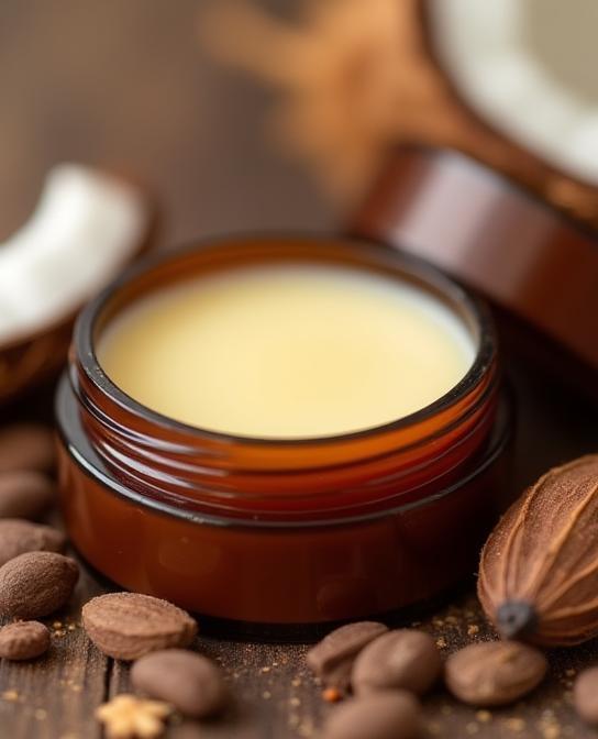 Bálsamo labial artesanal de cacau e coco entre sementes naturais