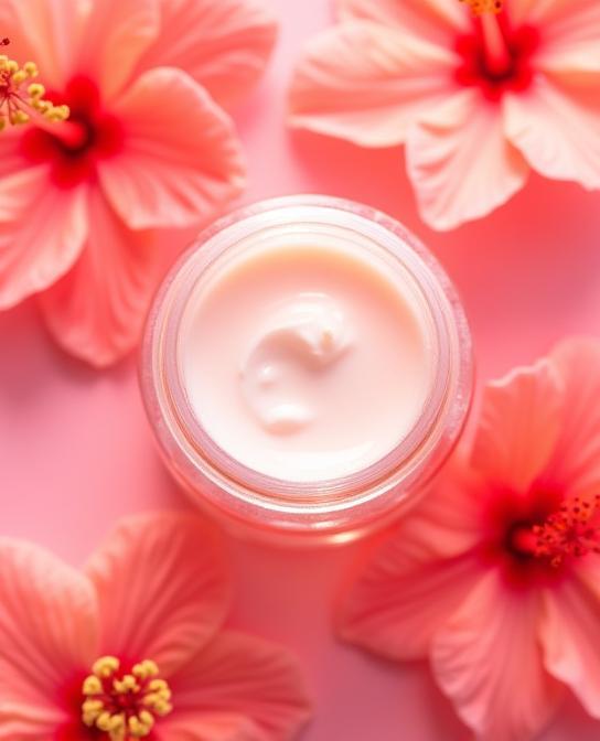 Creme facial de hibisco artesanal em pote de vidro entre flores