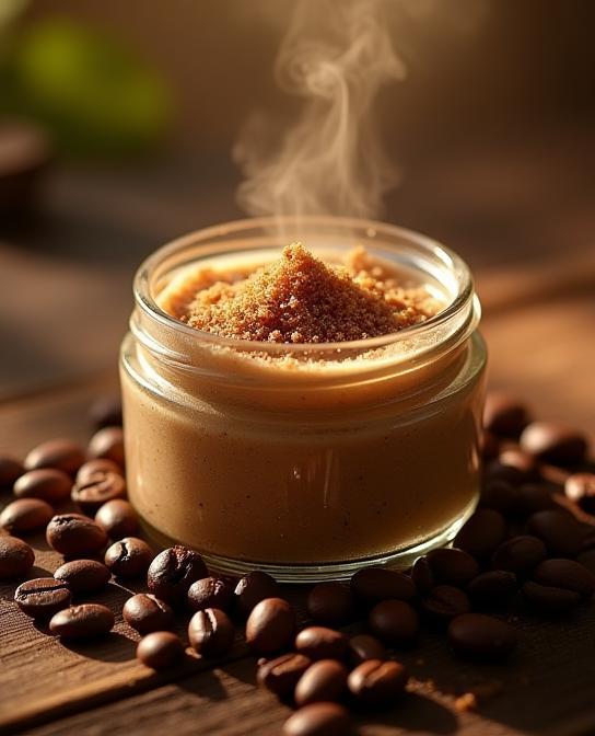 Esfoliante corporal artesanal de café em pote com grãos ao redor