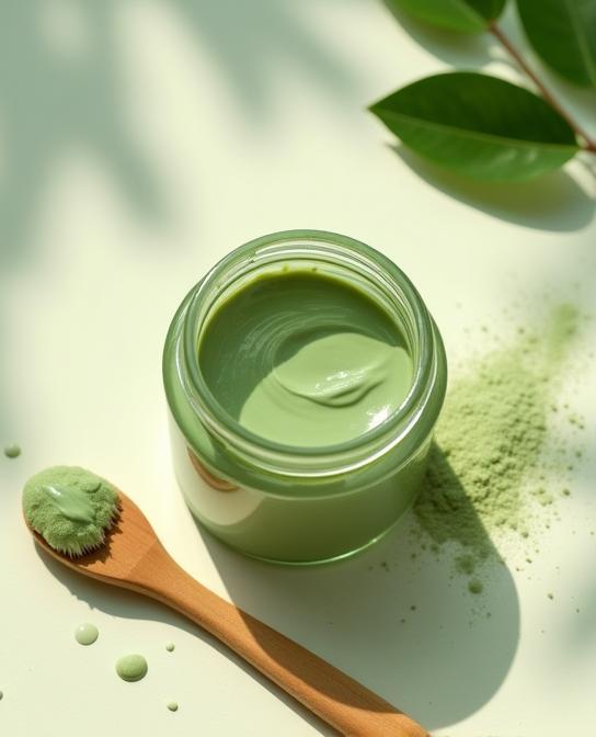 Máscara facial de argila verde em pote vidro, pincel de aplicação ao lado
