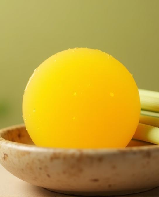 Shampoo sólido de manga com capim-limão sobre prato de cerâmica